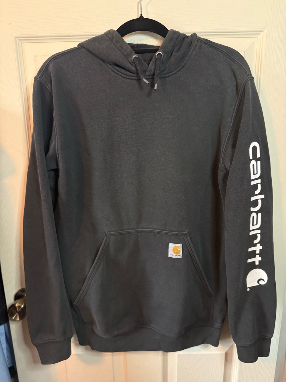 Carhartt Black Loose Fit Hoodie Sweatshirt White Sleeve Logo - Men’s Small